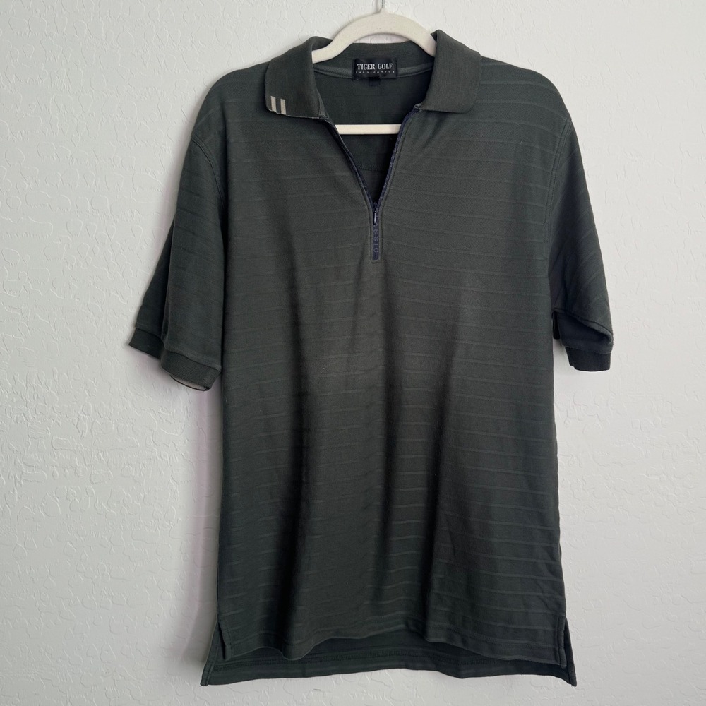 Tiger Golf Mens 100% Cotton Polo Shirt Size M Green Quarter Zip Stripe Gorpcore